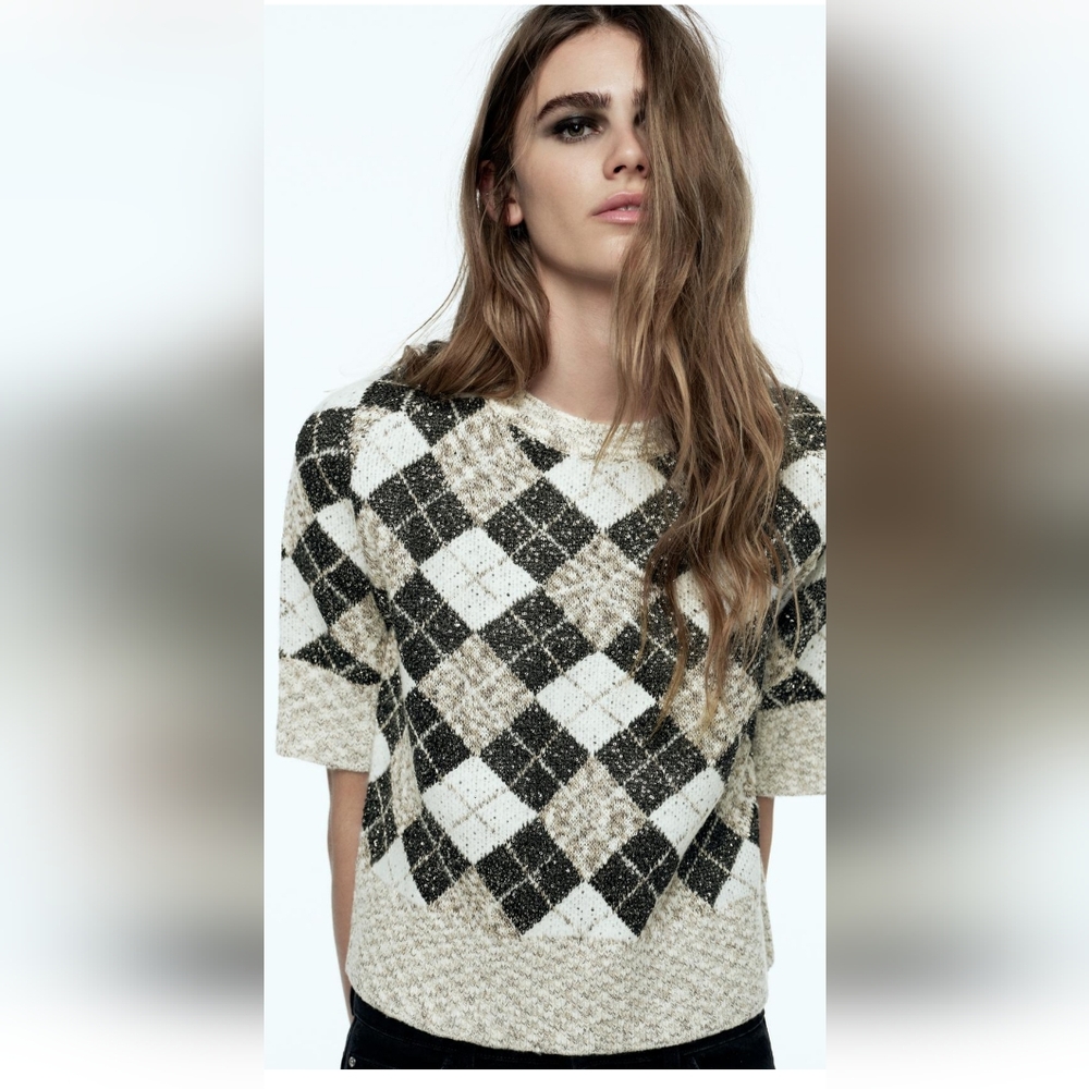 New Zara DIAMOND KNIT SEQUINS SWEATER(M)